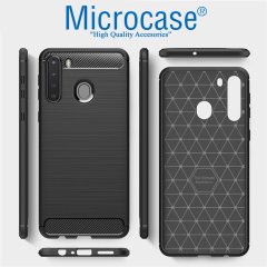 Microcase Samsung Galaxy A21 Brushed Carbon Fiber Silikon Kılıf - Siyah + Tempered Glass Cam Koruma