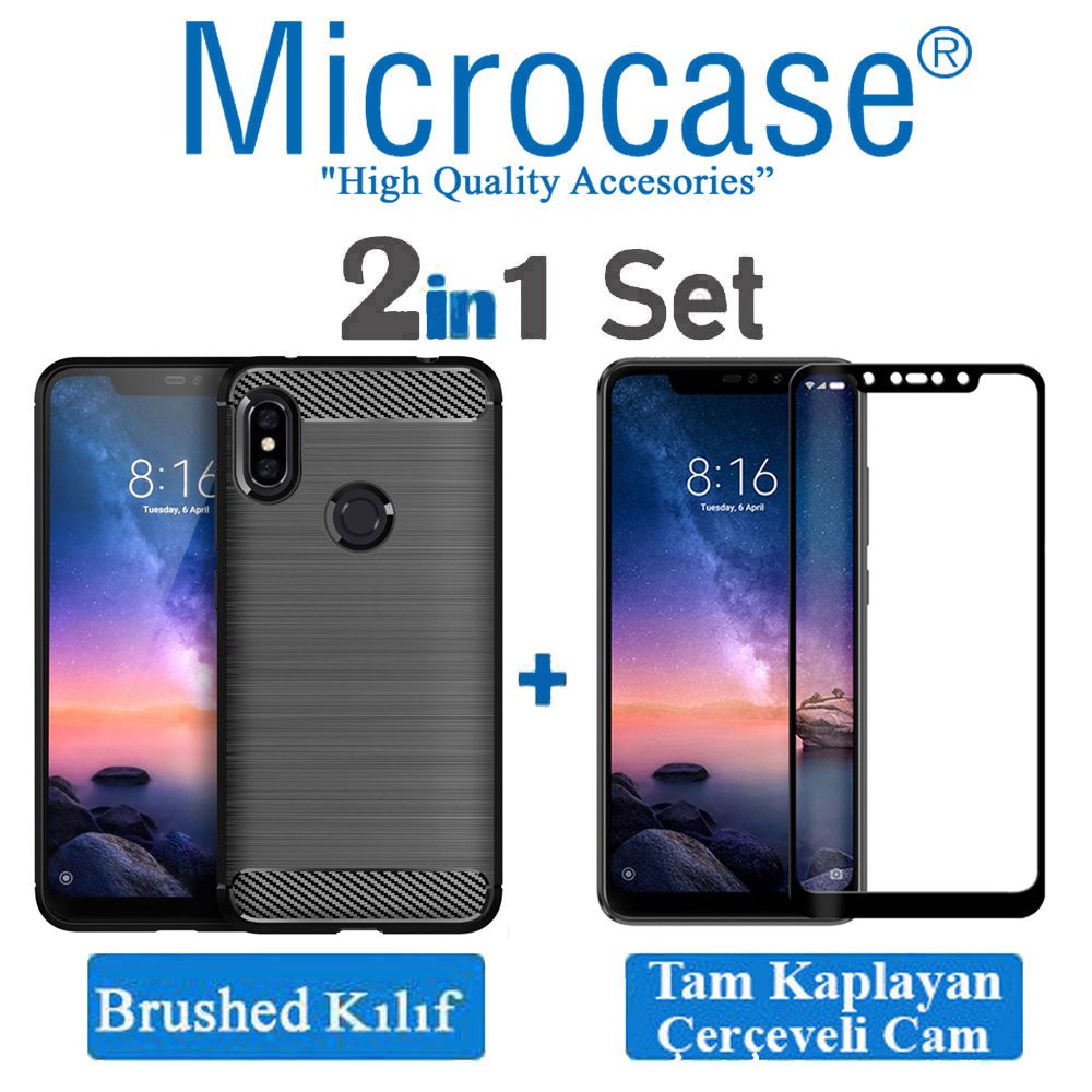 Xiaomi Redmi Note 6 Pro Brushed Kılıf + Tam Kaplayan Çerçeve Cam