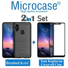 Xiaomi Redmi Note 6 Pro Brushed Kılıf + Tam Kaplayan Çerçeve Cam
