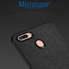 Microcase Oppo A5s Fabrik Serisi Kumaş ve Deri Desen Kılıf - Siyah + Tempered Glass Cam Koruma
