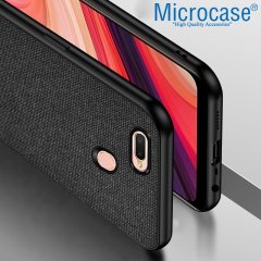 Microcase Oppo A5s Fabrik Serisi Kumaş ve Deri Desen Kılıf - Siyah + Tempered Glass Cam Koruma
