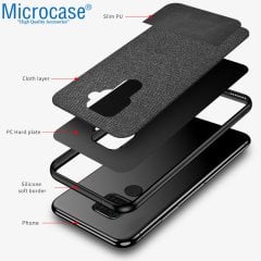 Microcase Huawei Mate 30 Lite Fabrik Serisi Kumaş ve Deri Desen Kılıf - Siyah