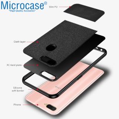 Microcase Oppo A5s Fabrik Serisi Kumaş ve Deri Desen Kılıf - Siyah + Tempered Glass Cam Koruma