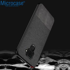 Microcase Huawei Mate 30 Lite Fabrik Serisi Kumaş ve Deri Desen Kılıf - Siyah