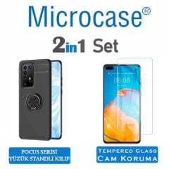 Microcase Huawei P40 Focus Serisi Yüzük Standlı Silikon Kılıf - Siyah + Tempered Glass Cam Koruma