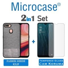 Microcase Oppo A5s Fabrik Serisi Kumaş ve Deri Desen Kılıf - Gri + Tempered Glass Cam Koruma