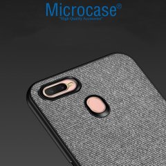 Microcase Oppo A5s Fabrik Serisi Kumaş ve Deri Desen Kılıf - Gri + Tempered Glass Cam Koruma