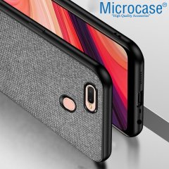 Microcase Oppo A5s Fabrik Serisi Kumaş ve Deri Desen Kılıf - Gri + Tempered Glass Cam Koruma