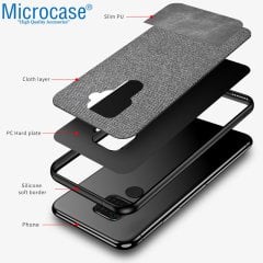 Microcase Huawei Mate 30 Lite Fabrik Serisi Kumaş ve Deri Desen Kılıf - Gri