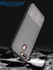 Microcase Oppo A5s Fabrik Serisi Kumaş ve Deri Desen Kılıf - Gri + Tempered Glass Cam Koruma
