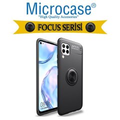 Microcase Huawei P40 Lite Focus Serisi Yüzük Standlı Silikon Kılıf - Siyah + Tempered Glass Cam Koruma