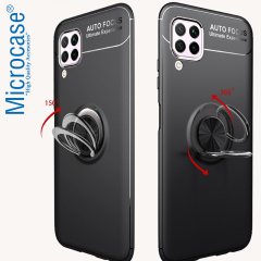 Microcase Huawei P40 Lite Focus Serisi Yüzük Standlı Silikon Kılıf - Siyah + Tempered Glass Cam Koruma