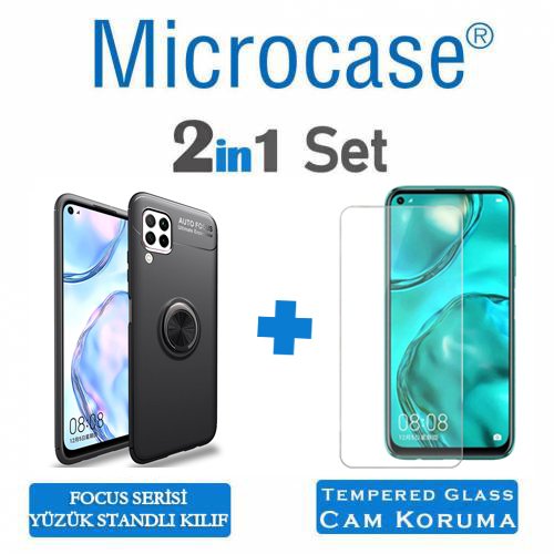 Microcase Huawei P40 Lite Focus Serisi Yüzük Standlı Silikon Kılıf - Siyah + Tempered Glass Cam Koruma