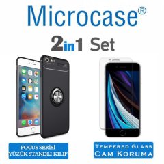 Microcase  Iphone SE 2020 Focus Serisi Yüzük Standlı Silikon Kılıf - Siyah + Tempered Glass Cam Koruma