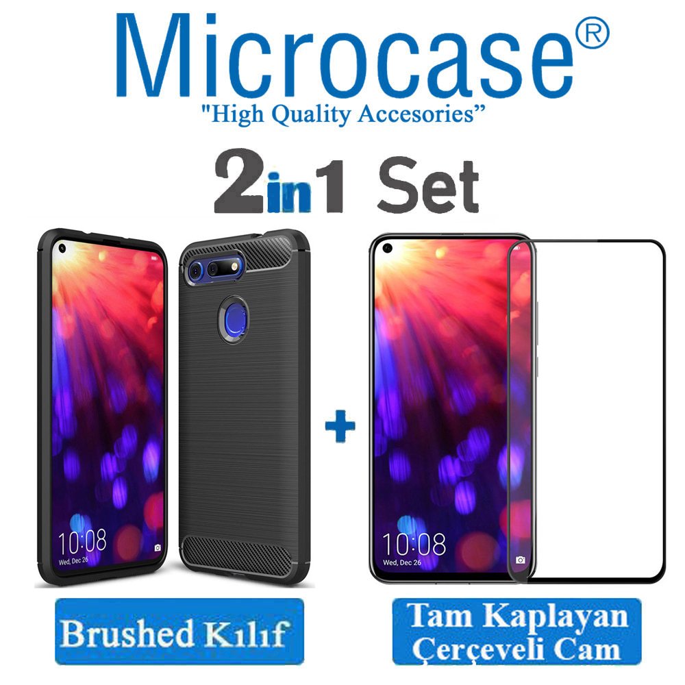 Huawei Honor View 20 Brushed Kılıf + Tam Kaplayan Çerçeveli Cam