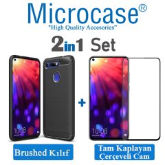 Huawei Honor View 20 Brushed Kılıf + Tam Kaplayan Çerçeveli Cam