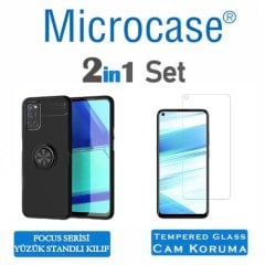 Microcase  Oppo A72 Focus Serisi Yüzük Standlı Silikon Kılıf - Siyah + Tempered Glass Cam Koruma