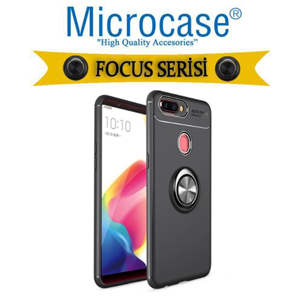 Microcase Oppo A12 Focus Serisi Yüzük Standlı Silikon Kılıf - Siyah