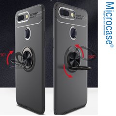Microcase  Oppo A12 Focus Serisi Yüzük Standlı Silikon Kılıf - Siyah + Tempered Glass Cam Koruma