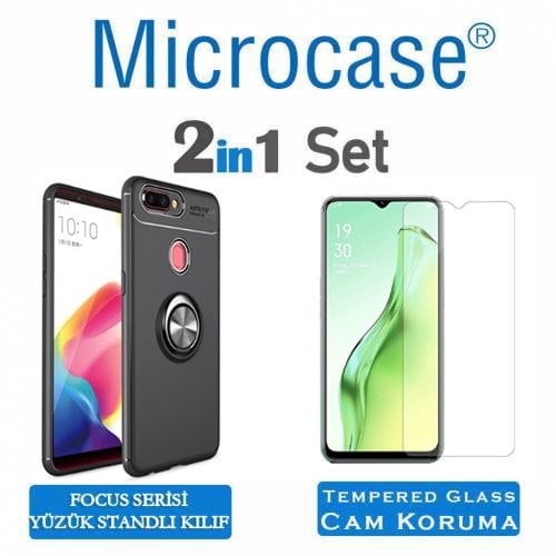 Microcase  Oppo A12 Focus Serisi Yüzük Standlı Silikon Kılıf - Siyah + Tempered Glass Cam Koruma