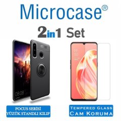 Microcase  Oppo A31 Focus Serisi Yüzük Standlı Silikon Kılıf - Siyah + Tempered Glass Cam Koruma