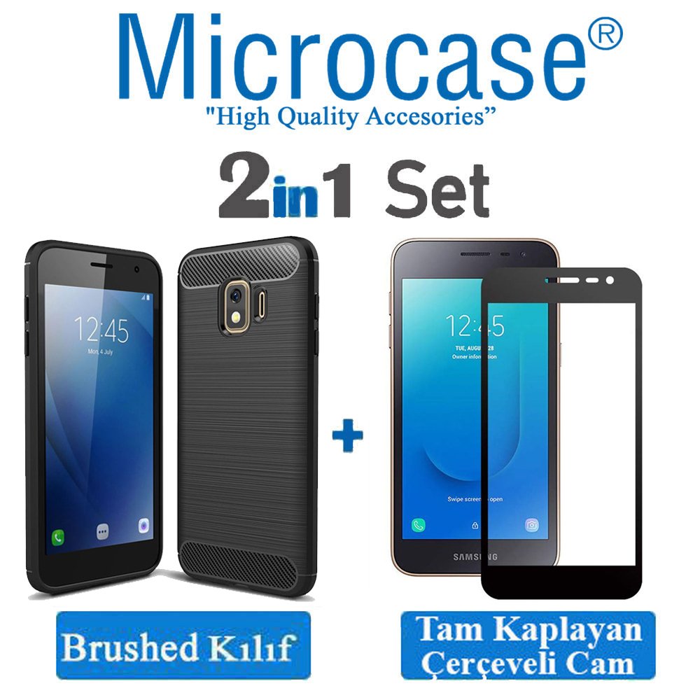 Samsung Galaxy J2 Core Brushed Kılıf + Tam Kaplayan Çerçeveli Cam