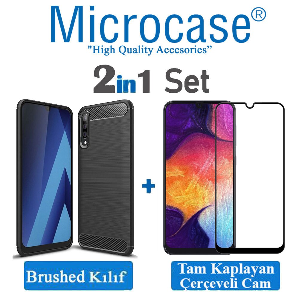 Samsung Galaxy A50 Brushed Kılıf + Tam Kaplayan Çerçeveli Cam