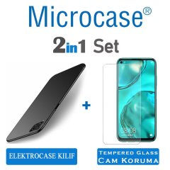Microcase Huawei P40 Lite Elektrocase Serisi Kamera Korumalı Silikon Kılıf - Siyah + Tempered Glass Cam Koruma