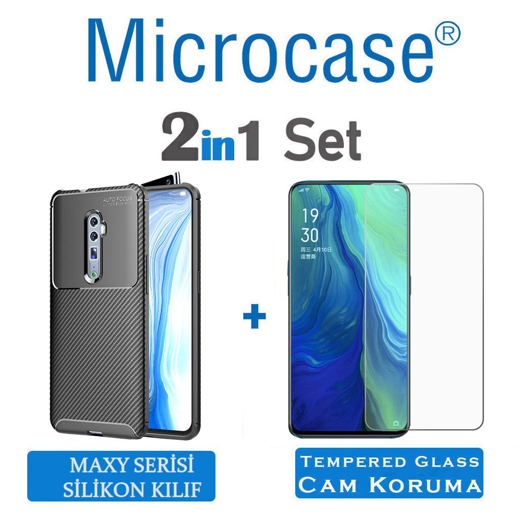 Microcase Oppo Reno 10x Zoom Maxy Serisi Carbon Fiber Silikon Kılıf - Siyah + Tempered Glass Cam Koruma (SEÇENEKLİ)