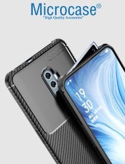 Microcase Oppo Reno 10x Zoom Maxy Serisi Carbon Fiber Silikon Kılıf - Siyah + Tempered Glass Cam Koruma (SEÇENEKLİ)