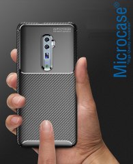 Microcase Oppo Reno 10x Zoom Maxy Serisi Carbon Fiber Silikon Kılıf - Siyah + Tempered Glass Cam Koruma (SEÇENEKLİ)