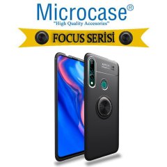 Microcase  Huawei Y6P Focus Serisi Yüzük Standlı Silikon Kılıf - Siyah + Tempered Glass Cam Koruma