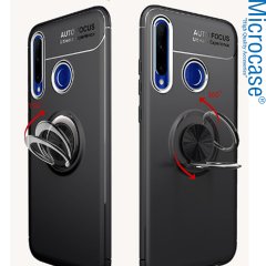 Microcase  Huawei Y6P Focus Serisi Yüzük Standlı Silikon Kılıf - Siyah + Tempered Glass Cam Koruma