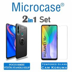 Microcase  Huawei Y6P Focus Serisi Yüzük Standlı Silikon Kılıf - Siyah + Tempered Glass Cam Koruma