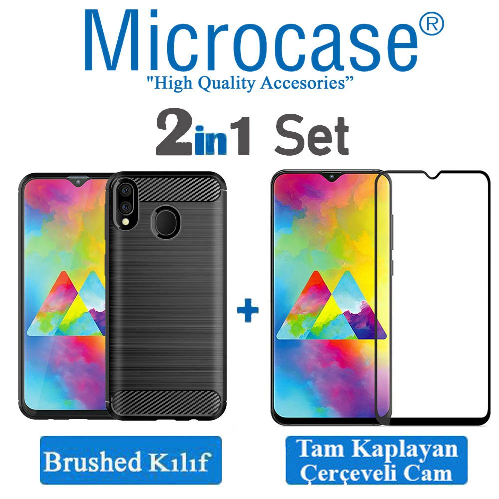 Samsung Galaxy M20 Brushed Kılıf + Tam Kaplayan Çerçeveli Cam
