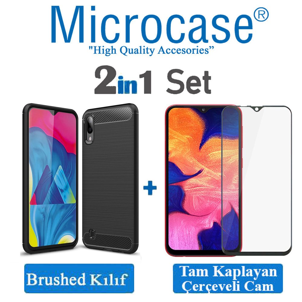 Samsung Galaxy M10 Brushed Kılıf + Tam Kaplayan Çerçeveli Cam