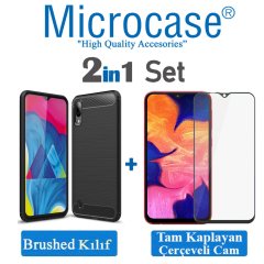 Samsung Galaxy M10 Brushed Kılıf + Tam Kaplayan Çerçeveli Cam