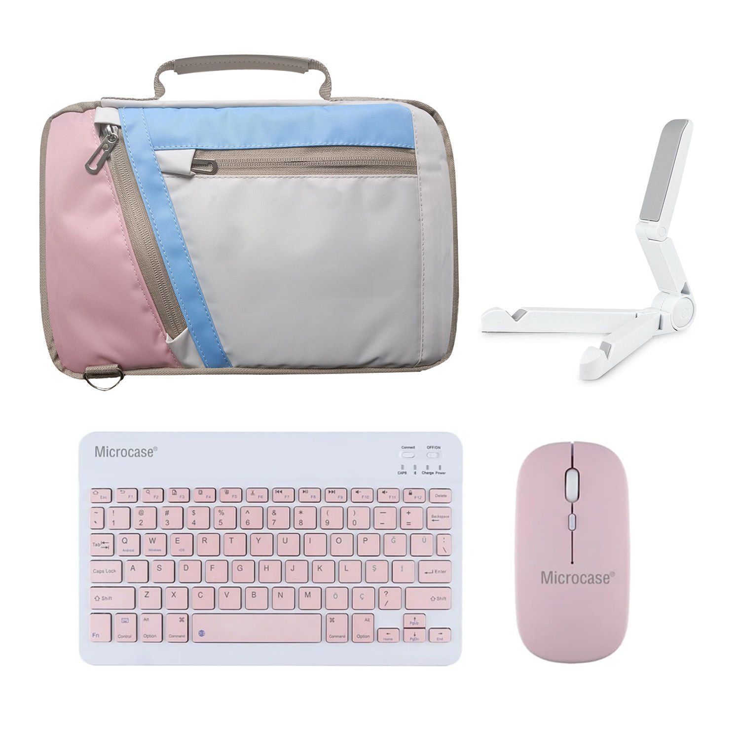 Microcase Vorcom SXPro 10.1 inch ile Uyumlu Tablet Çanta+Türkçe Bluetooth Klavye +Mouse+ Standı - Pembe AL4382