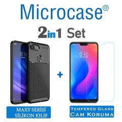 Microcase Xiaomi Mi 8 Lite Maxy Serisi Carbon Fiber Silikon Kılıf - Siyah + Tempered Glass Cam Koruma (SEÇENEKLİ)