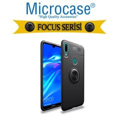 Microcase  Huawei Y7 2019 Focus Serisi Yüzük Standlı Silikon Kılıf - Siyah + Tempered Glass Cam Koruma