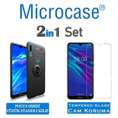 Microcase  Huawei Y7 2019 Focus Serisi Yüzük Standlı Silikon Kılıf - Siyah + Tempered Glass Cam Koruma