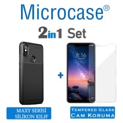 Microcase Xiaomi Redmi Note 6 Pro Maxy Serisi Carbon Fiber Silikon Kılıf - Siyah + Tempered Glass Cam Koruma (SEÇENEKLİ)