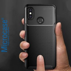Microcase Xiaomi Redmi Note 6 Pro Maxy Serisi Carbon Fiber Silikon Kılıf - Siyah + Tempered Glass Cam Koruma (SEÇENEKLİ)