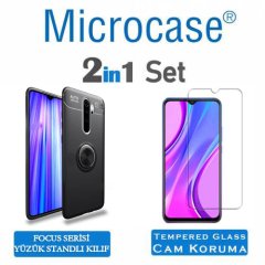 Microcase  Xiaomi Redmi 9 Focus Serisi Yüzük Standlı Silikon Kılıf - Siyah + Tempered Glass Cam Koruma