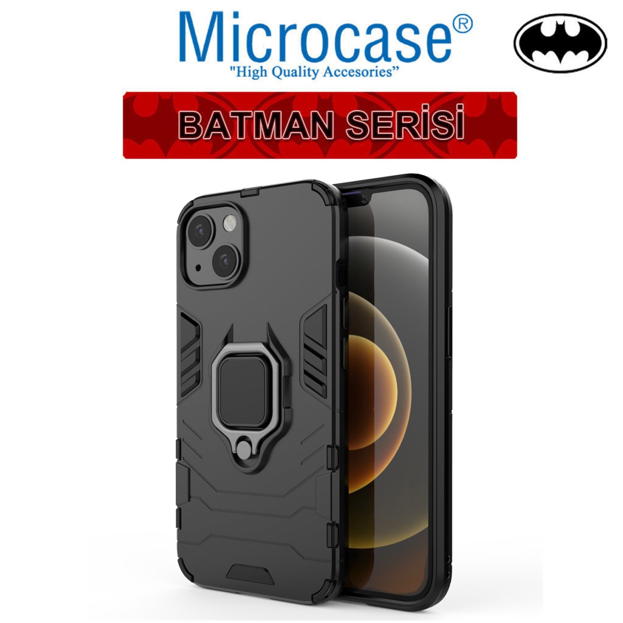 Microcase iPhone 13 mini Batman Serisi Yüzük Standlı Armor Kılıf - Siyah