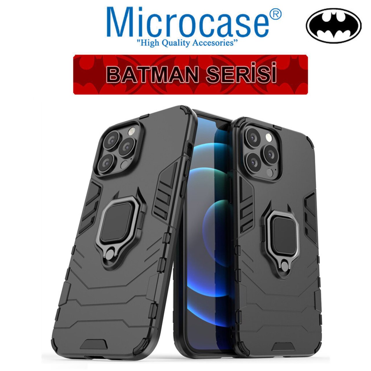 Microcase iPhone 13 Pro Batman Serisi Yüzük Standlı Armor Kılıf - Siyah