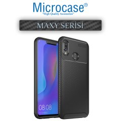 Microcase Huawei Honor Play Maxy Serisi Carbon Fiber Silikon Kılıf - Siyah + Tempered Glass Cam Koruma (SEÇENEKLİ)