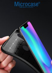 Microcase Huawei Honor Play Maxy Serisi Carbon Fiber Silikon Kılıf - Siyah + Tempered Glass Cam Koruma (SEÇENEKLİ)
