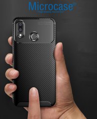 Microcase Huawei Honor Play Maxy Serisi Carbon Fiber Silikon Kılıf - Siyah + Tempered Glass Cam Koruma (SEÇENEKLİ)