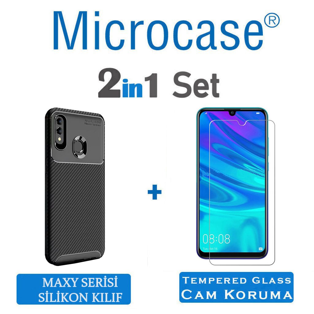 Microcase Huawei Honor Play Maxy Serisi Carbon Fiber Silikon Kılıf - Siyah + Tempered Glass Cam Koruma (SEÇENEKLİ) Tempered Glass İstemiyorum
